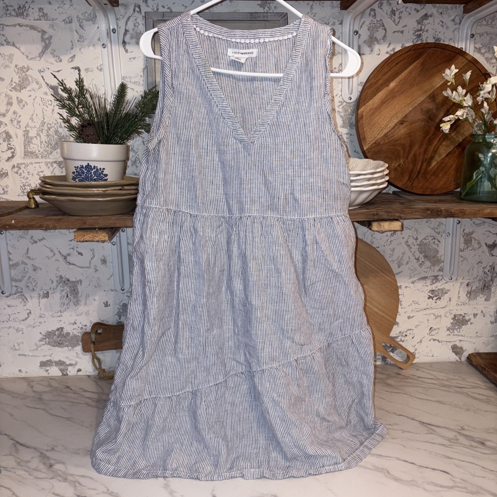 100% Linen Lucky Brand Asymmetrical Coastal Cowgirl Stripe Ruffle Dress Size S
